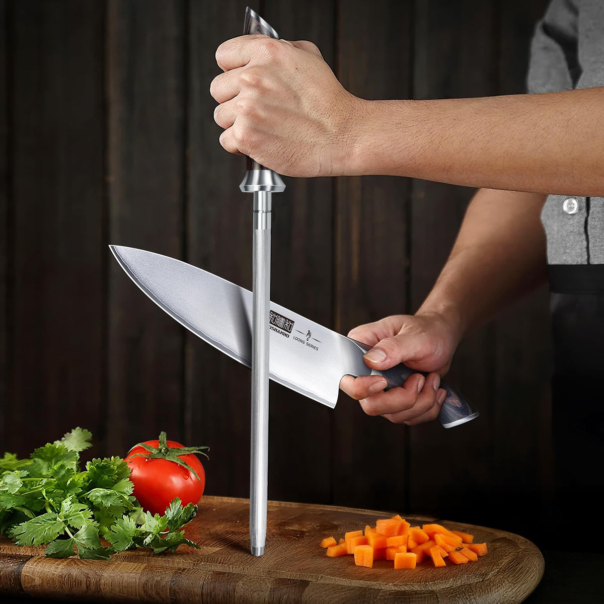 Professional chef-grade honing rod by HOSHANHO for sharp blades.