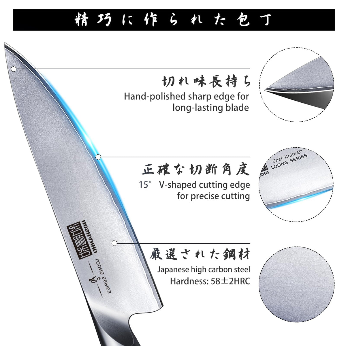 HOSHANHO razor-sharp blade close-up at 15 degrees for precise slicing