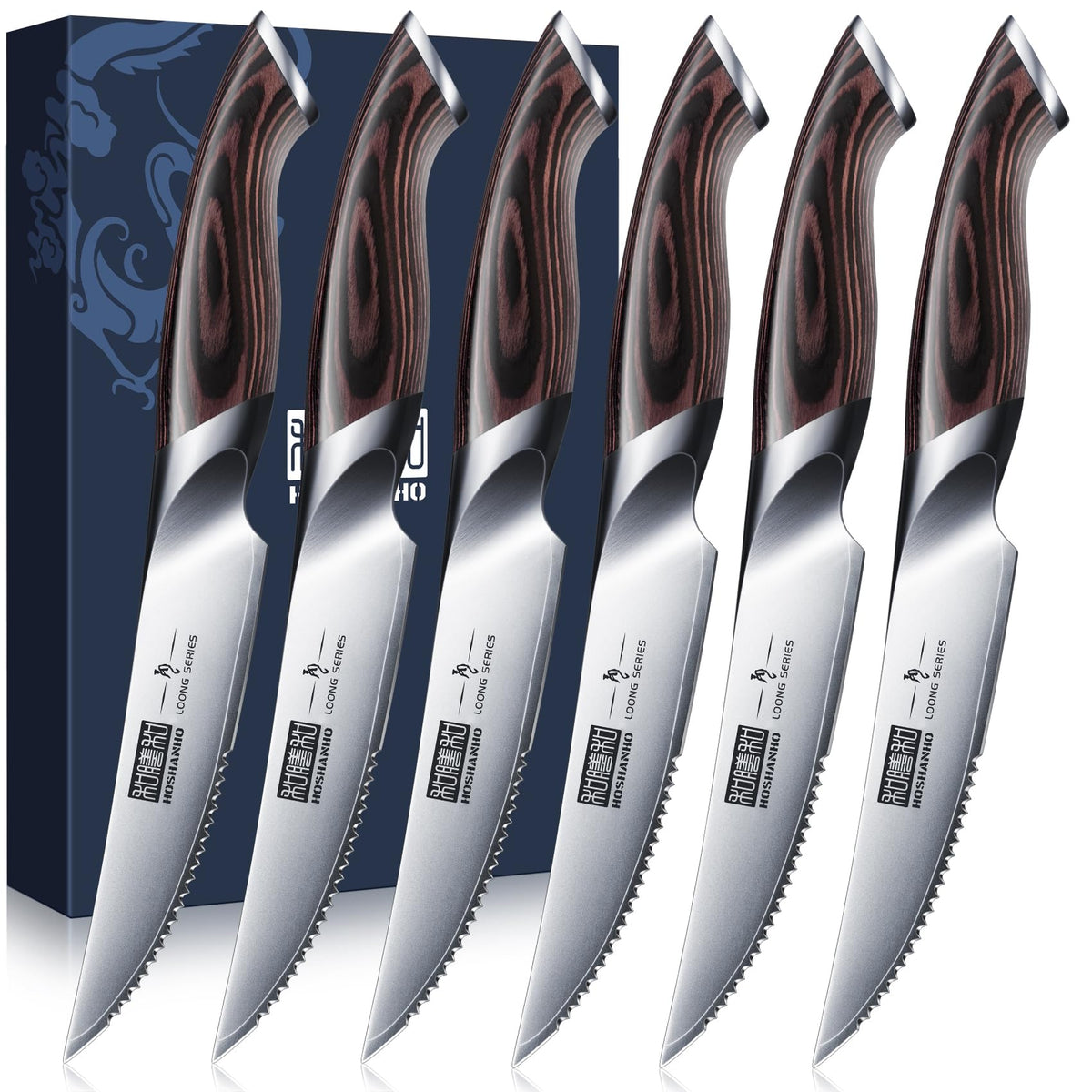 HOSHANHO steak knives set of 6 displayed for kitchen prep