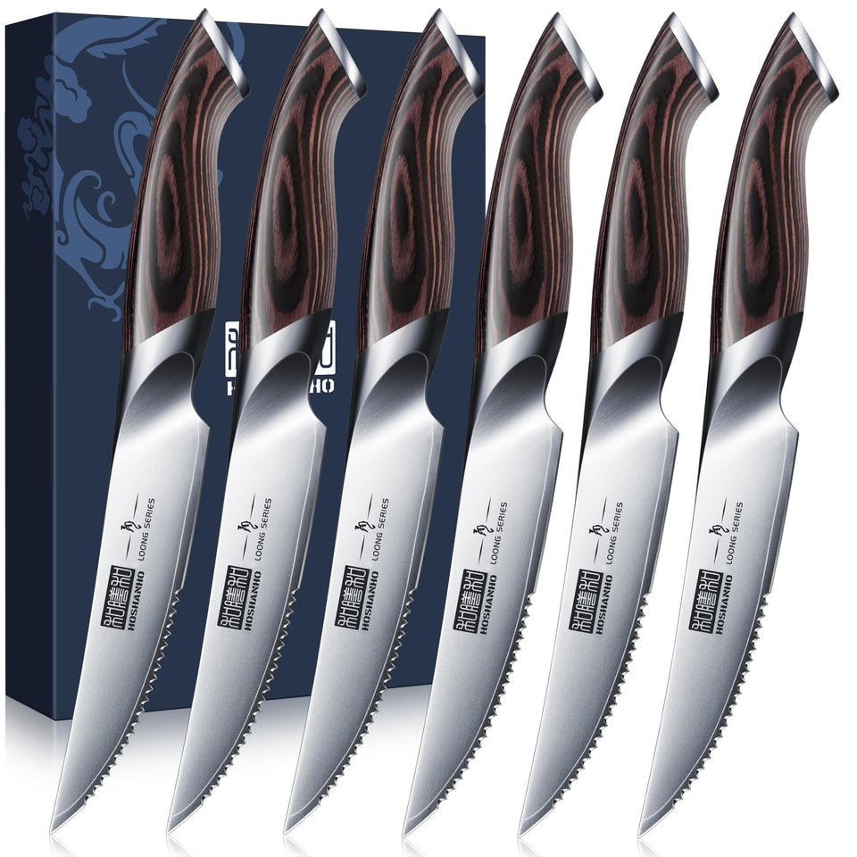 HOSHANHO steak knives set of 6 displayed for kitchen prep