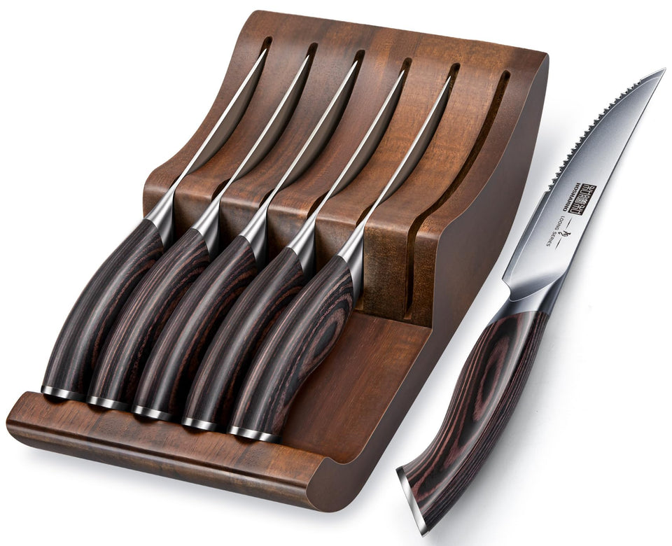 HOSHANHO steak knives with block neatly organized on the counter.