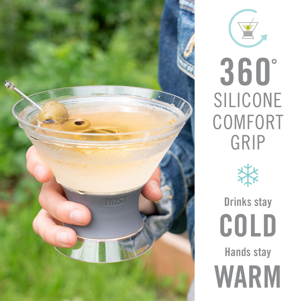 Host Freeze silicone-grip stemless glasses offer secure hold for poolside entertaining.
