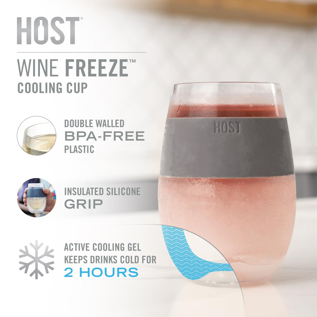Host Wine Freeze Cup highlights stemless design for easy handling.