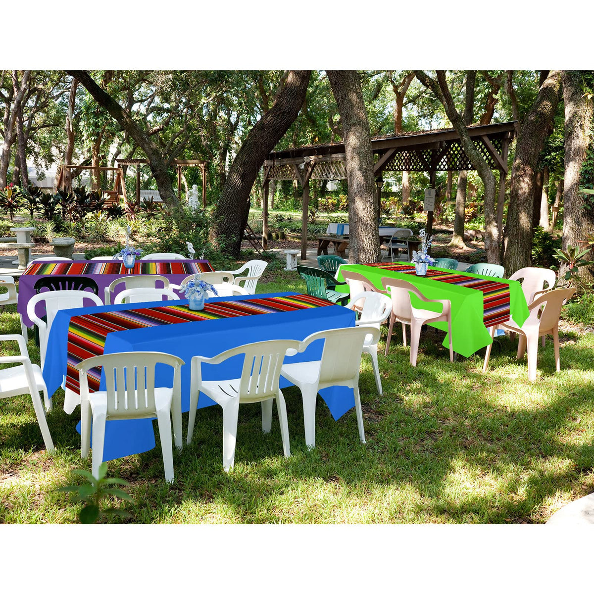 Hosuly Mexican Fiesta striped multicolor tablecloth for easy cleanup.