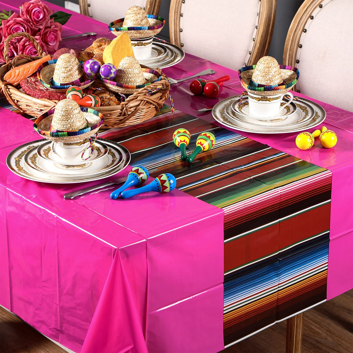 Hosuly Mexican Fiesta striped orange-purple tablecloth brightens gatherings.