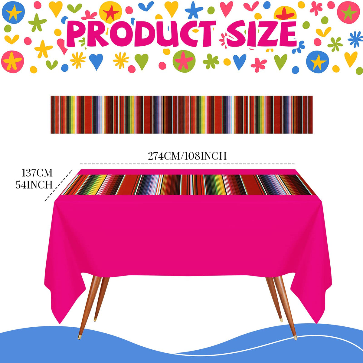 Hosuly Mexican Fiesta striped pink-teal tablecloth adds cheerful ambiance.