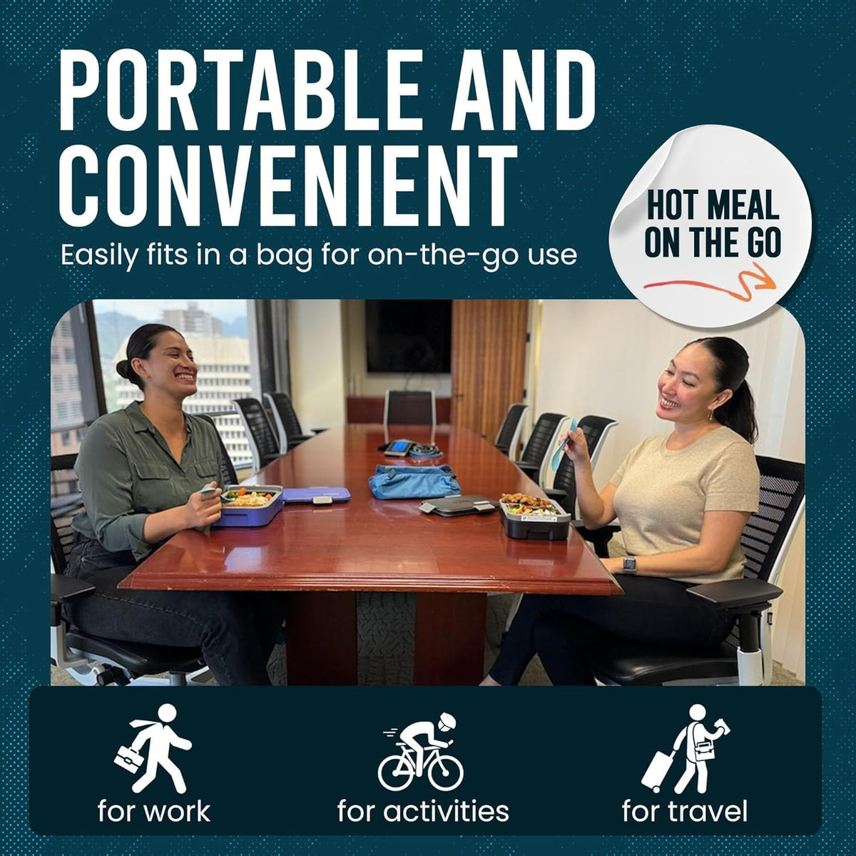 Hot Bento cordless food warmer in action for travel and picnics.