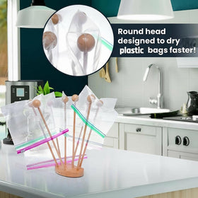 HOTCAN Beech Wood Rack showing removable dowels for flexible drying layouts.