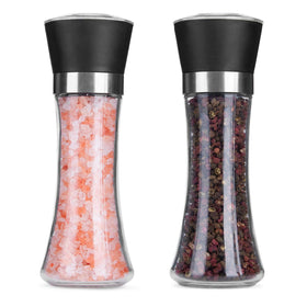 Hotder pepper and salt grinder set with glass body for clear spice visibility.