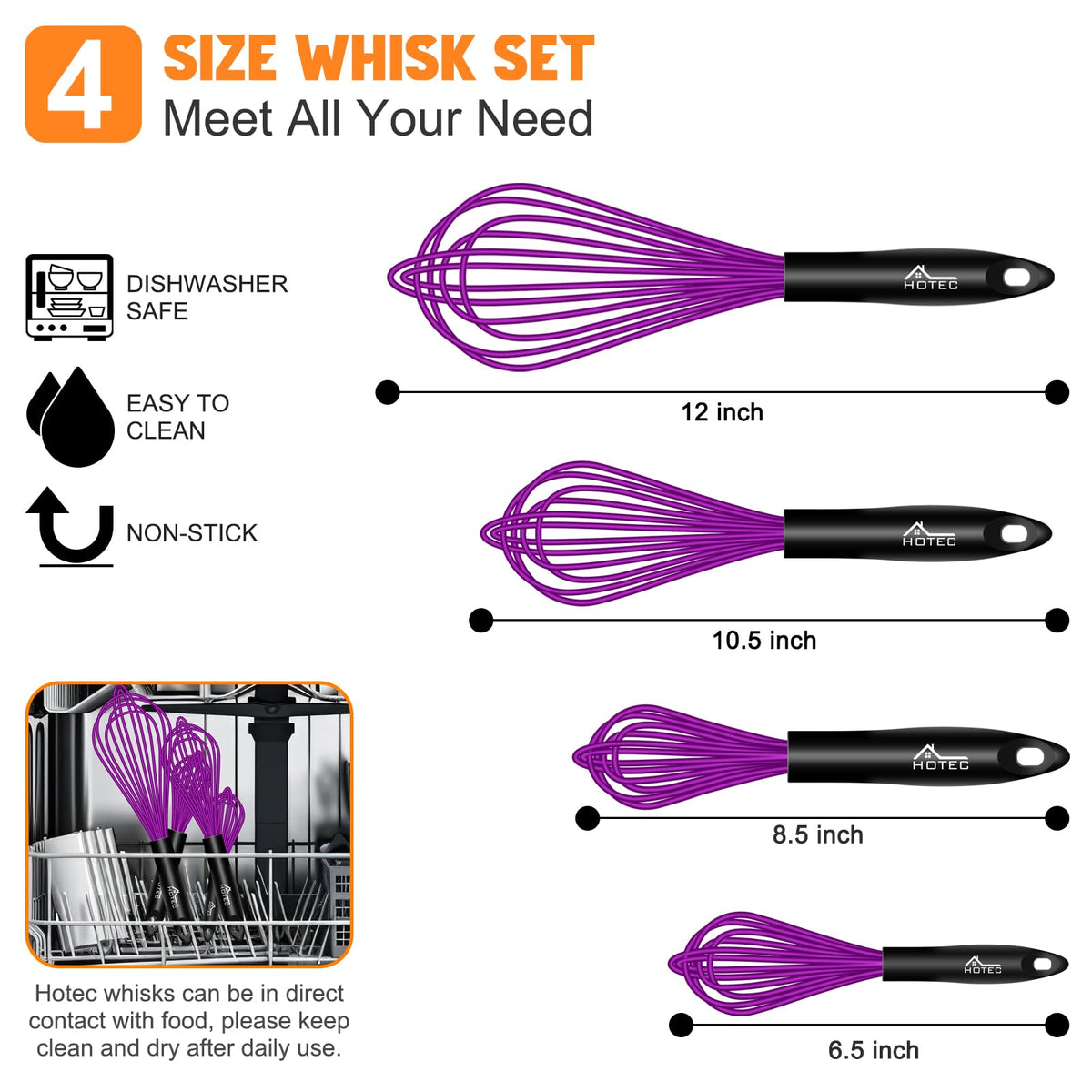 HOTEC 12-inch silicone whisk ideal for large mixing bowls and sauces.