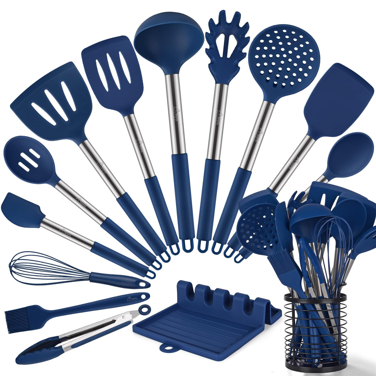 HOTEC 14-piece blue silicone utensils in a stainless steel holder.
