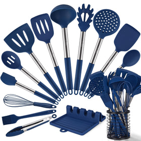 HOTEC 14-piece blue silicone utensils in a stainless steel holder.