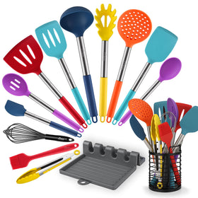 HOTEC 14pc silicone utensils set on counter with heat-resistant heads