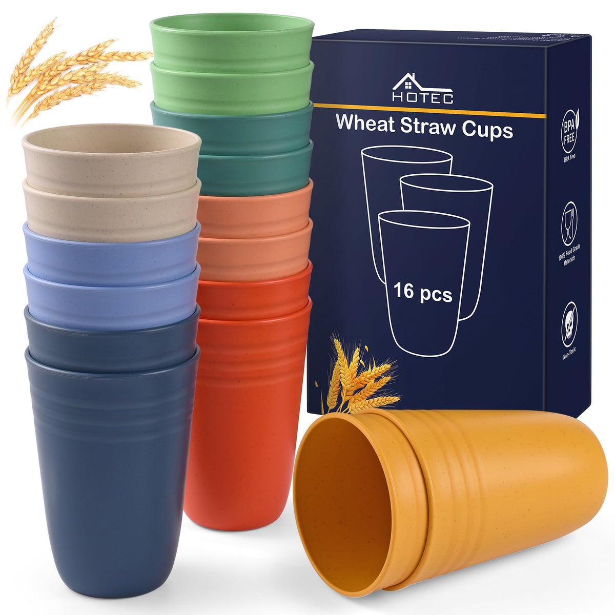 HOTEC 16-pack 15oz plastic cups in vibrant colors, durable for daily use.