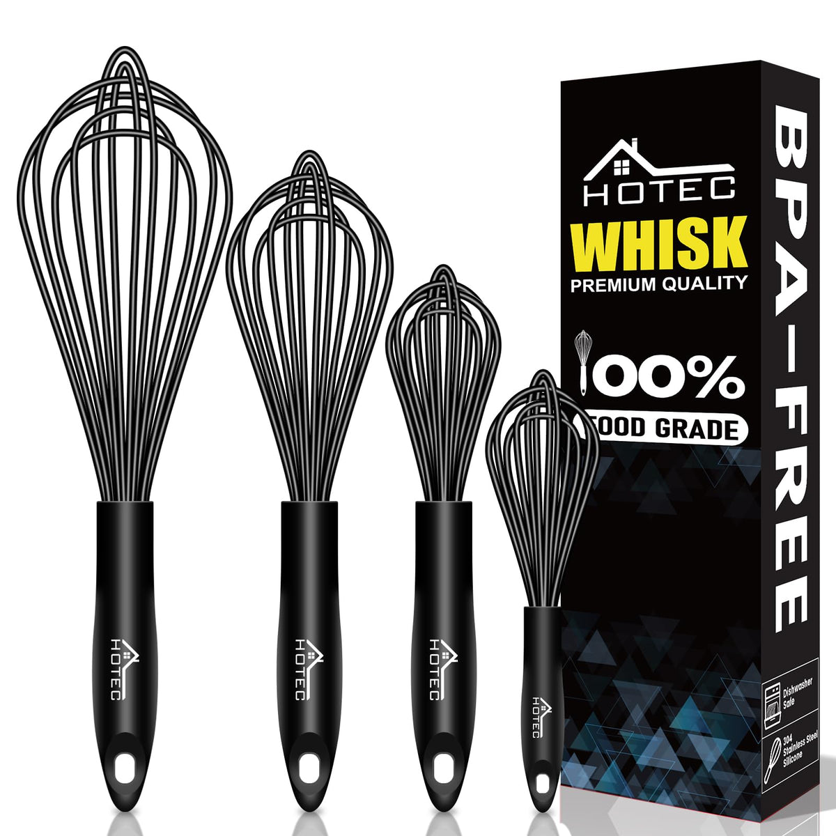 HOTEC 4-piece silicone whisk set displayed for versatile kitchen tasks