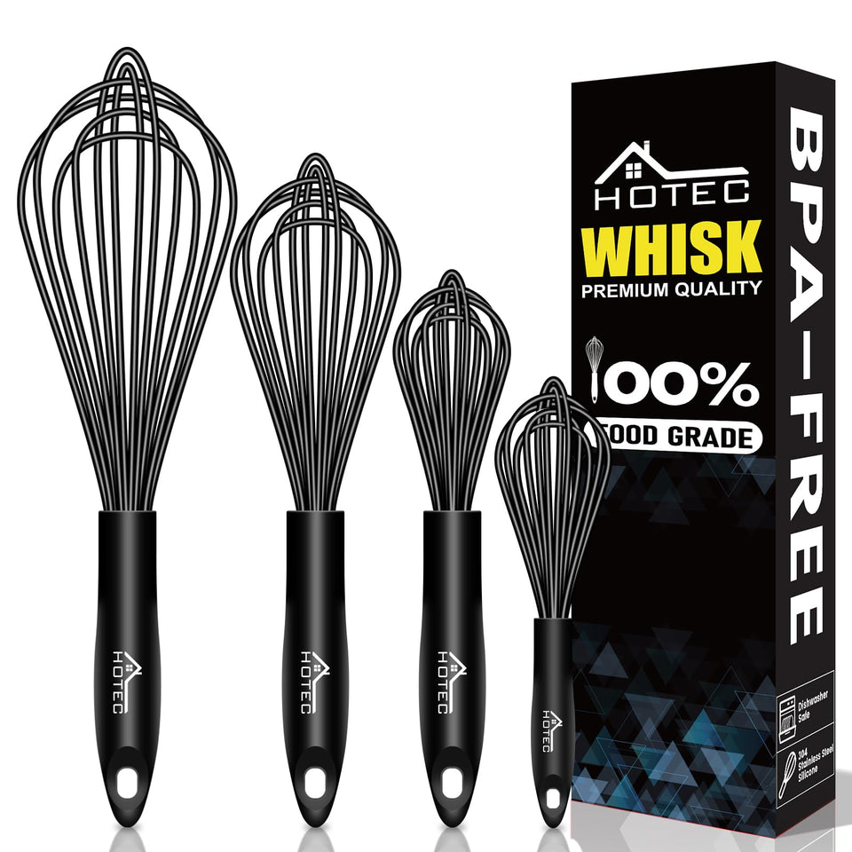 HOTEC 4-piece silicone whisk set displayed for versatile kitchen tasks