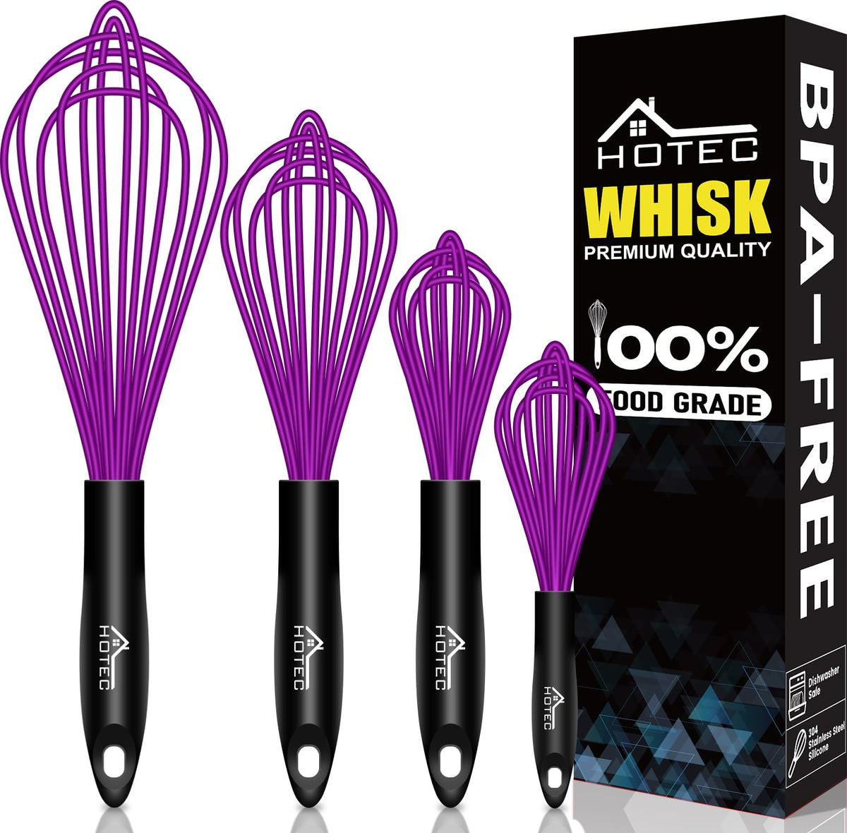 HOTEC 4-piece silicone whisk set with stainless steel wires for safe non-stick cooking.
