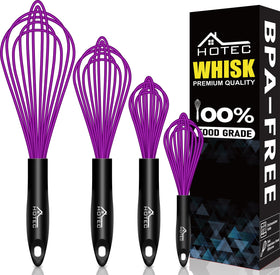 HOTEC 4-piece silicone whisk set with stainless steel wires for safe non-stick cooking.