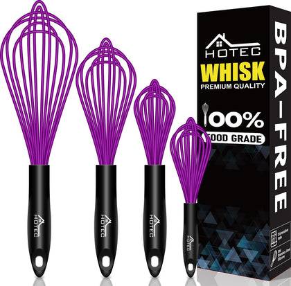 HOTEC 4-piece silicone whisk set with stainless steel wires for safe non-stick cooking.