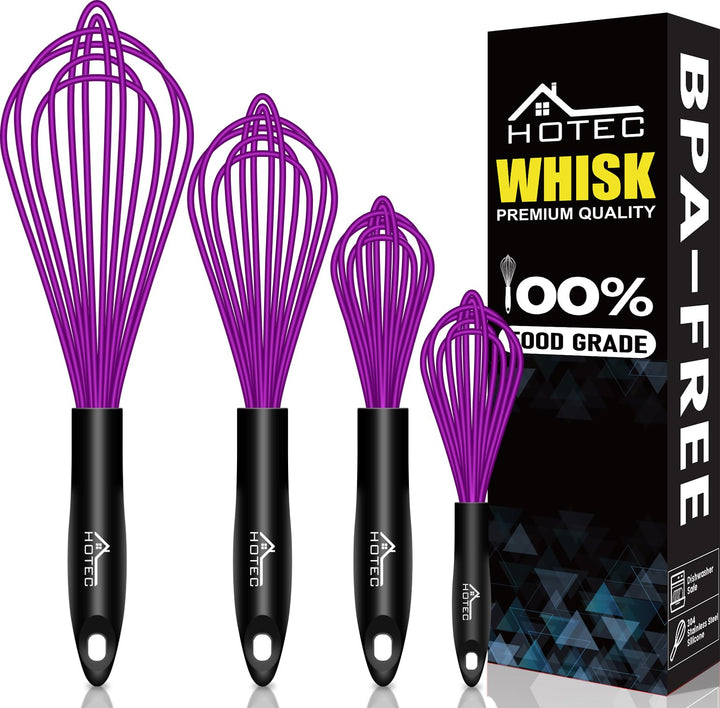 HOTEC 4-piece silicone whisk set with stainless steel wires for safe non-stick cooking.