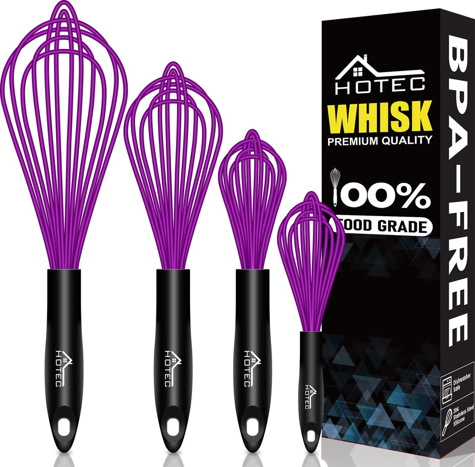 HOTEC 4-piece silicone whisk set with stainless steel wires for safe non-stick cooking.