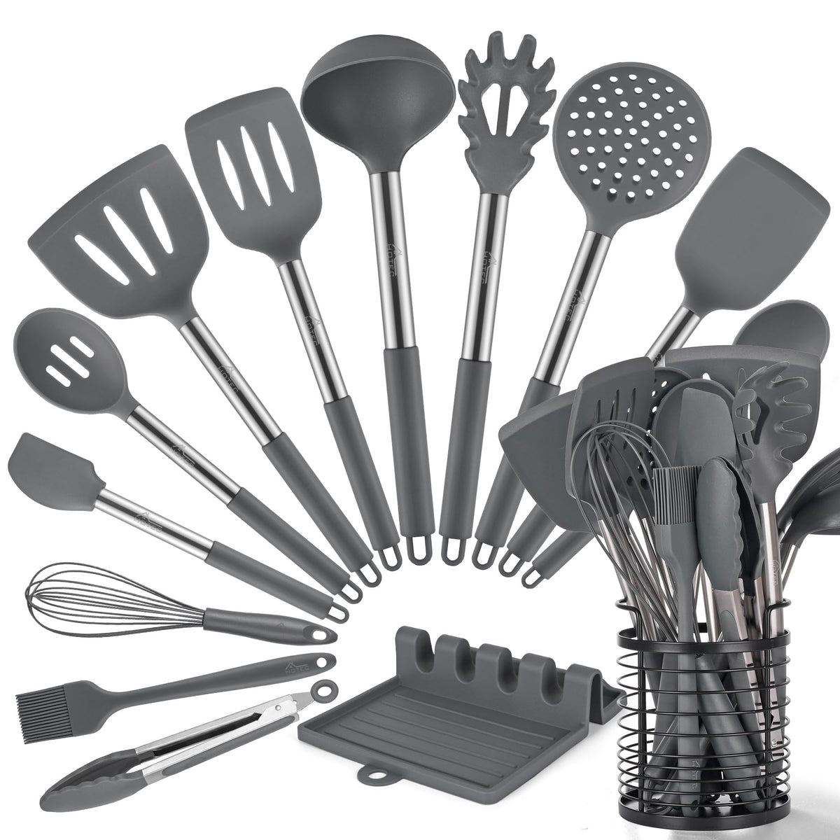 HOTEC 446°F silicone utensils set on counter showing heat resistance and non-scratch design
