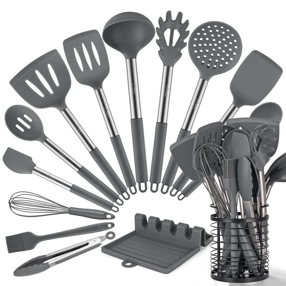 HOTEC 446°F silicone utensils set on counter showing heat resistance and non-scratch design