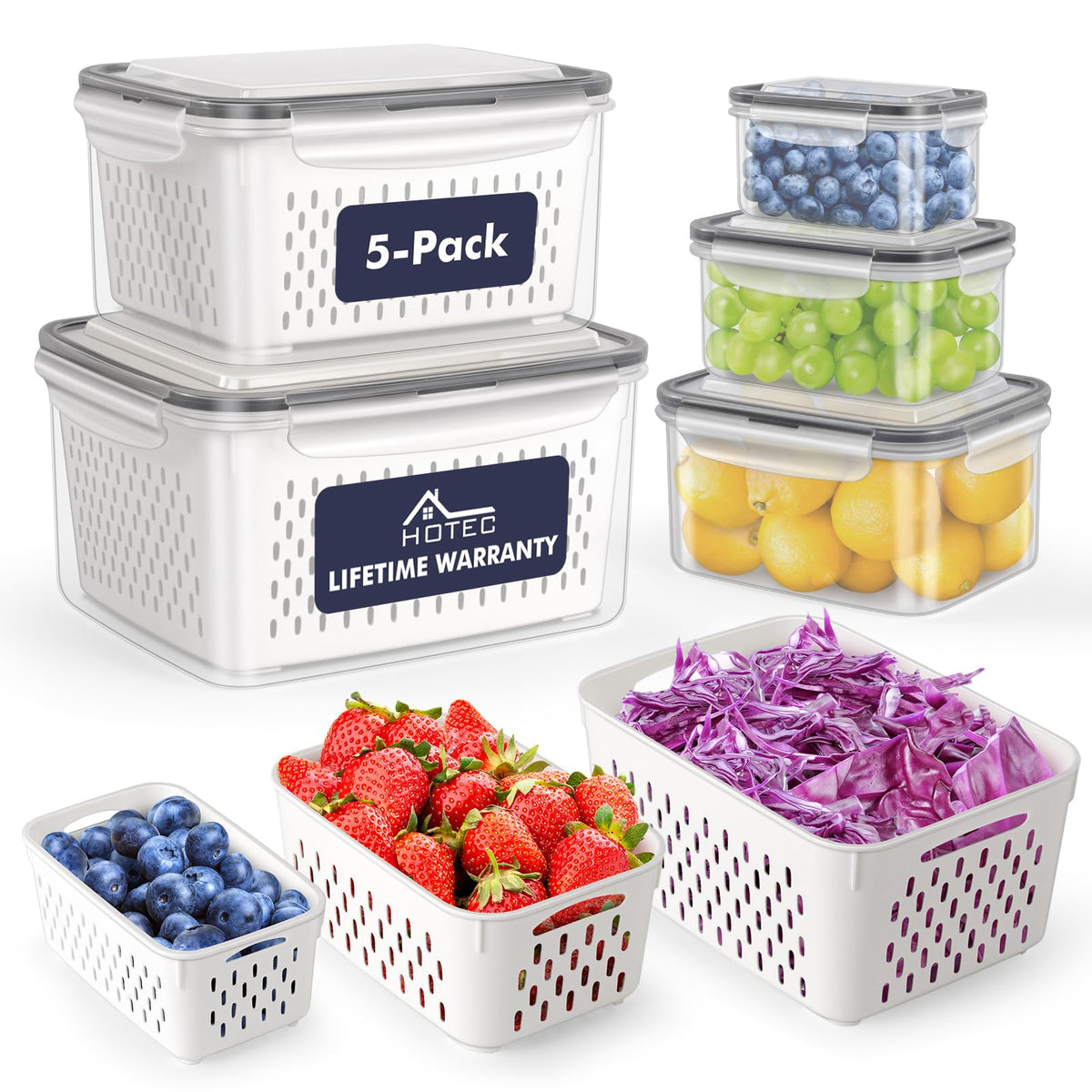 HOTEC 5-pack fruit storage containers maintain fridge organization and freshness.