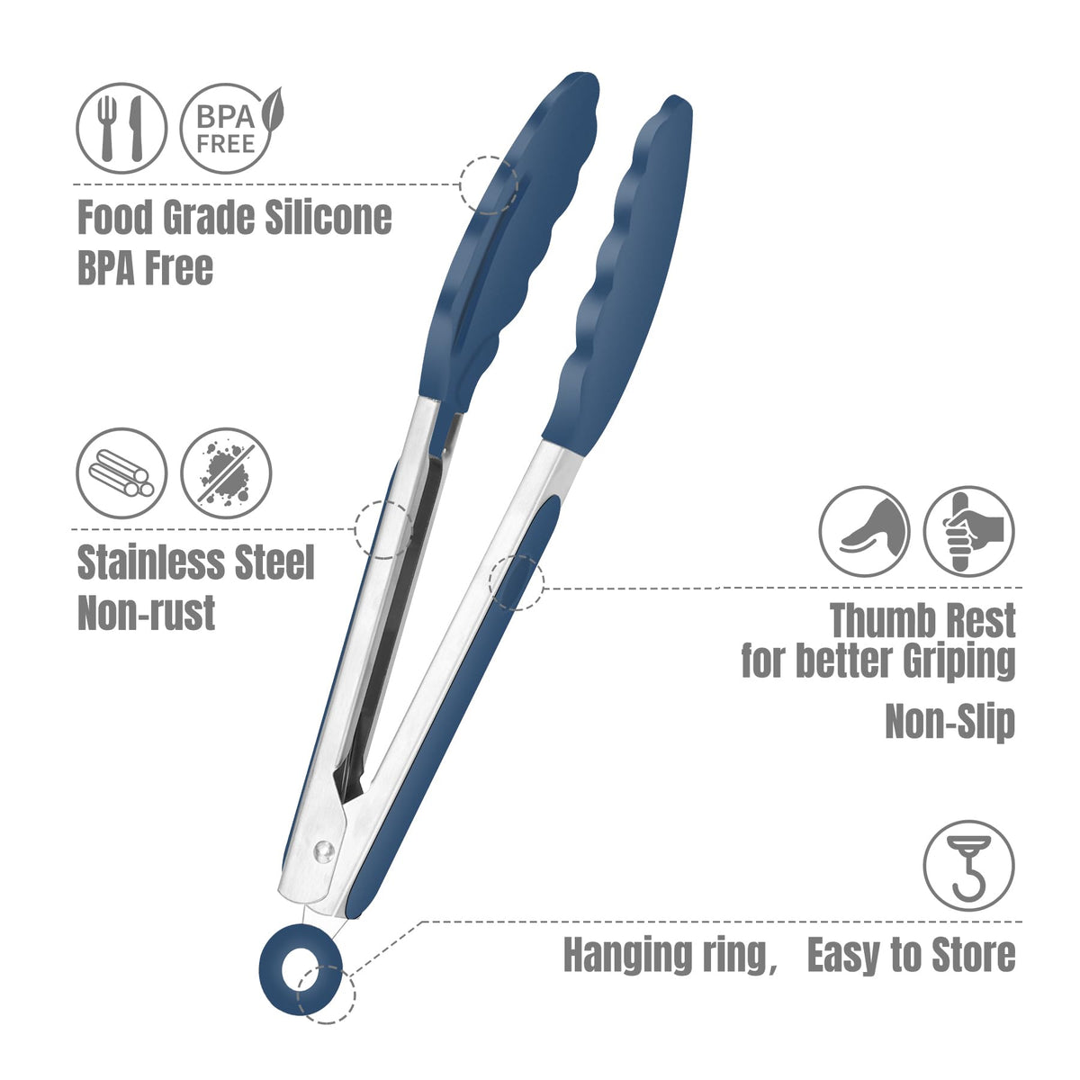 Hotec mini silicone tongs blue 7-inch length with heat-resistant tip