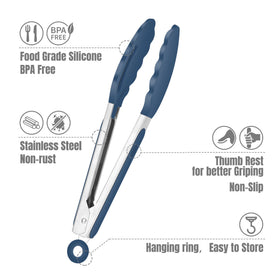 Hotec mini silicone tongs blue 7-inch length with heat-resistant tip