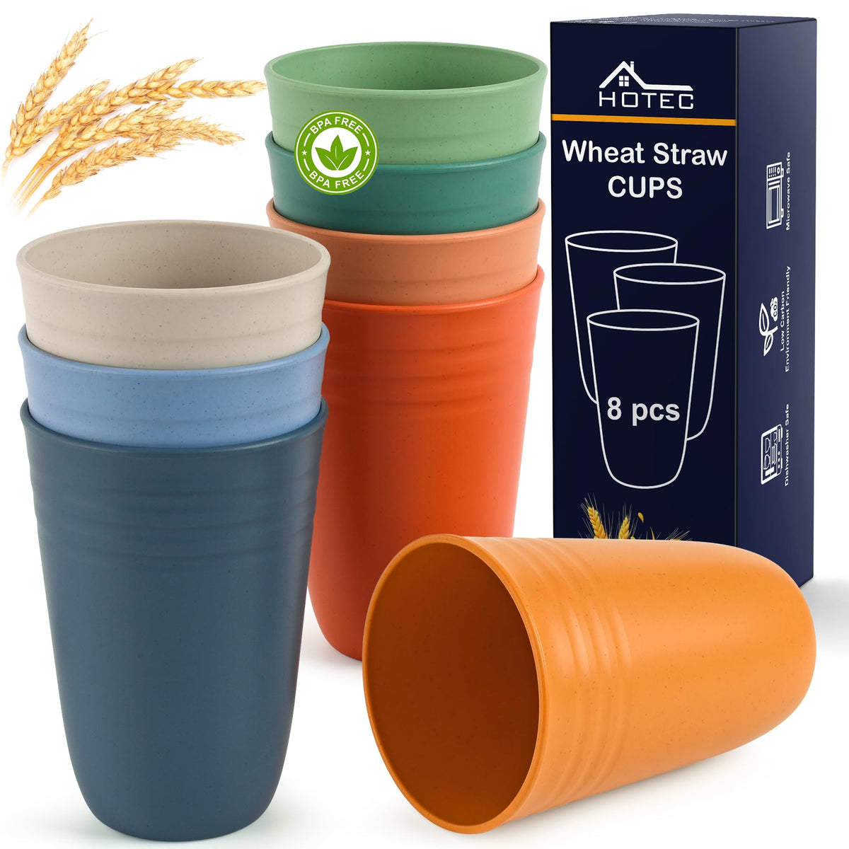 HOTEC 8-pack 15oz multicolor cups offering durable, unbreakable hydration for daily use.