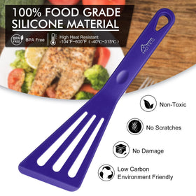 Blue HOTEC silicone spatula closeup showing heat resistance and flexible edge.