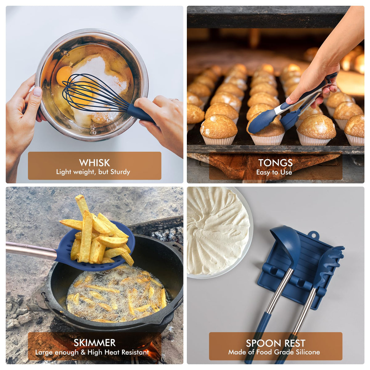 HOTEC dishwasher-safe blue utensils for easy cleaning.