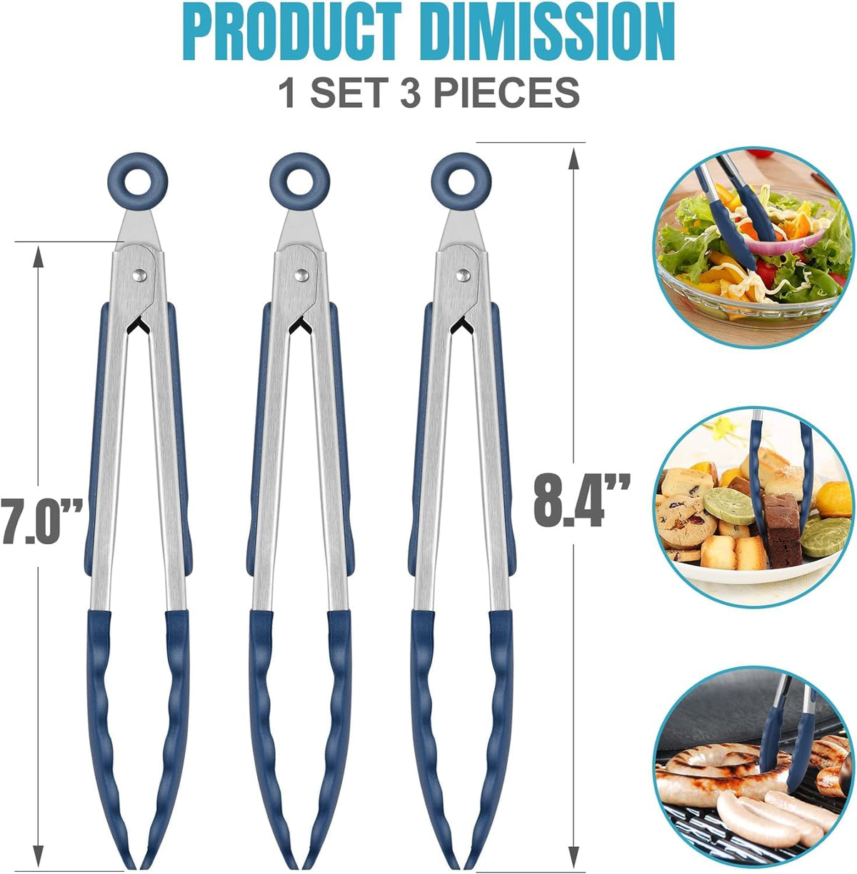 HOTEC mini silicone tongs classic-blue locking design keeps drawers organized