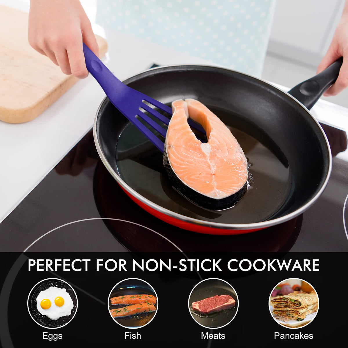 Non-stick friendly HOTEC spatula preventing scratches on coated cookware.