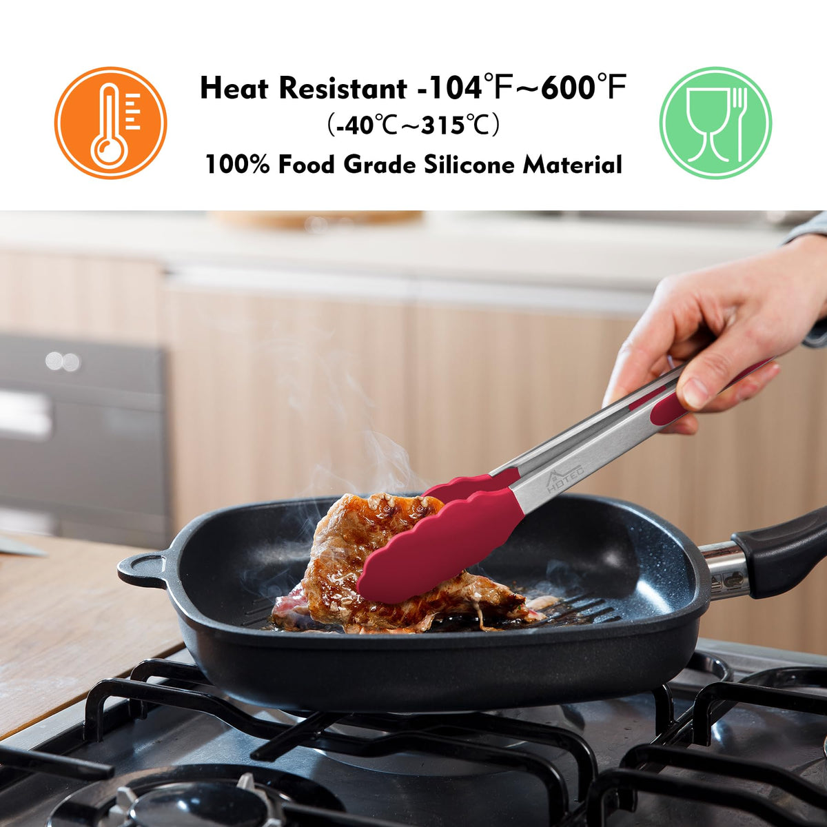 Hotec Premium 9-inch locking tongs with silicone tips for versatile flipping
