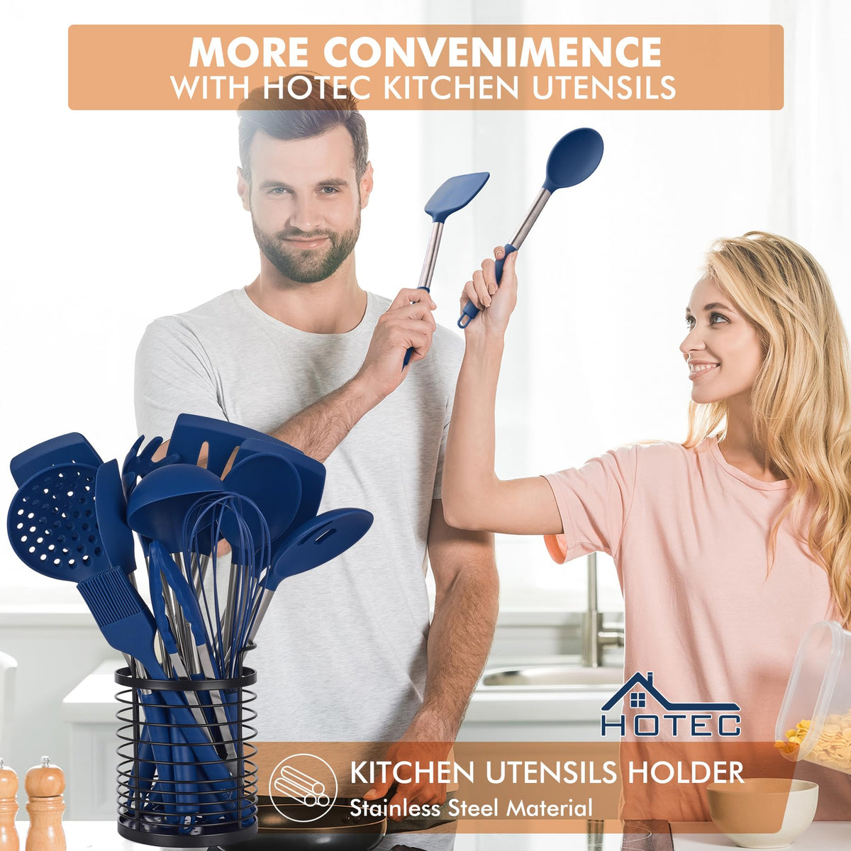 HOTEC stainless steel utensil holder keeps tools organized on the counter.