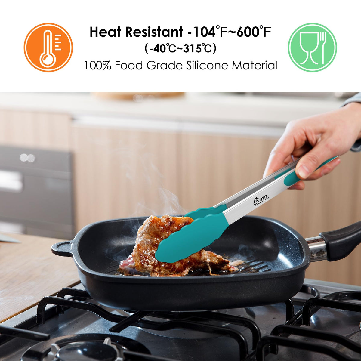 HOTEC 12-inch tongs with silicone tips offer reach and safe flipping.