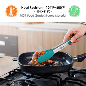 HOTEC 12-inch tongs with silicone tips offer reach and safe flipping.