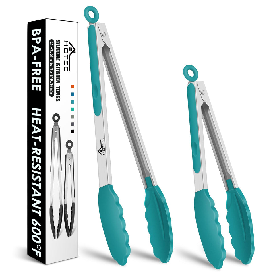 HOTEC 9-inch tongs with silicone tips for precise grip and heat resistance.