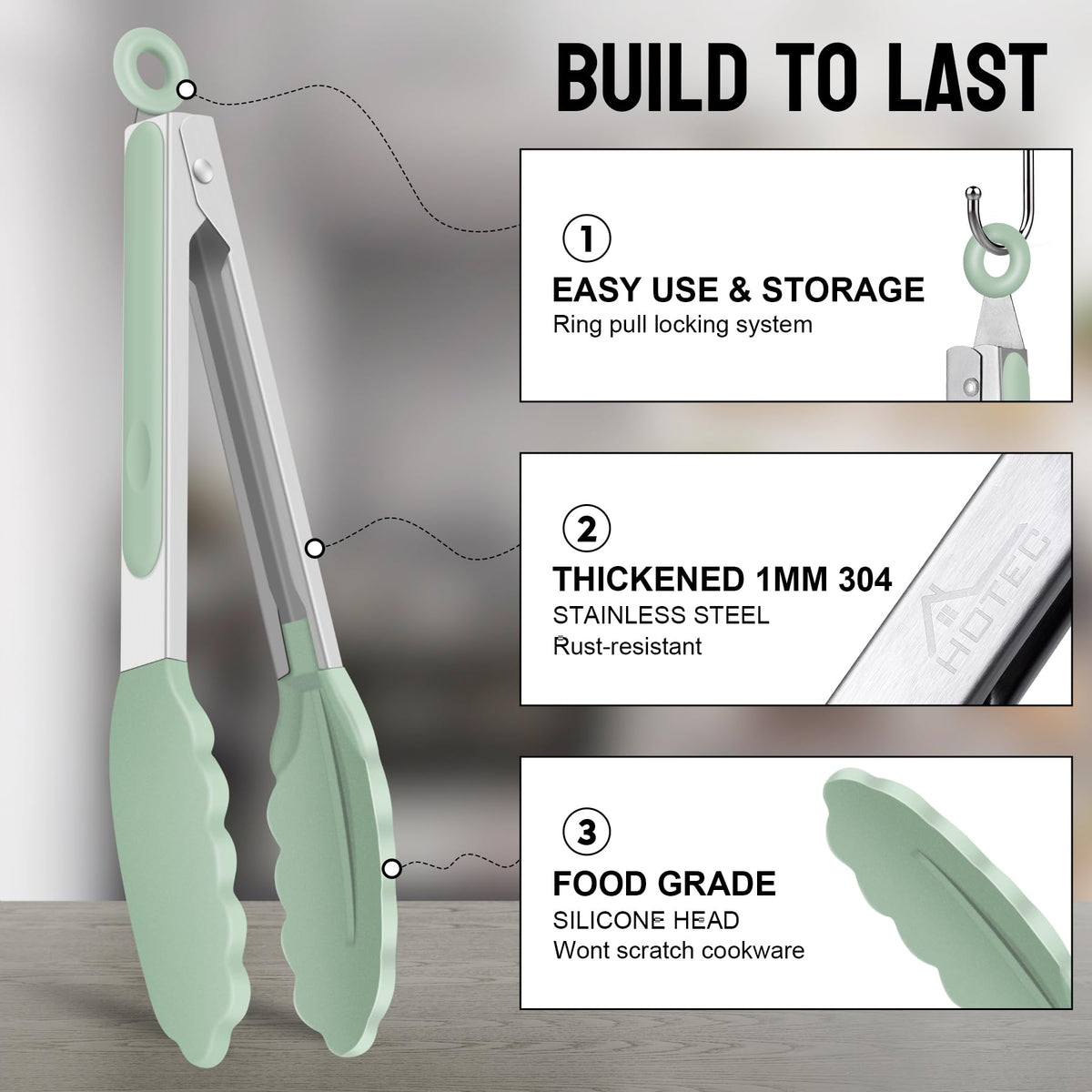 Hotec tongs with silicone tips protect cookware and grip securely