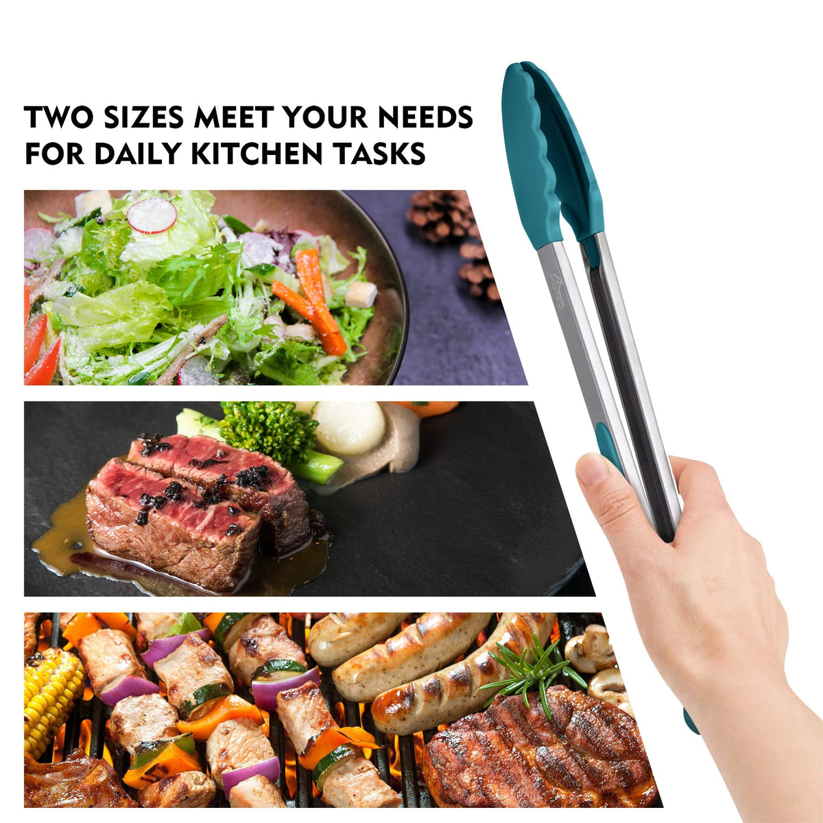 Turquoise HOTEC tongs brighten your kitchen toolkit while cooking.