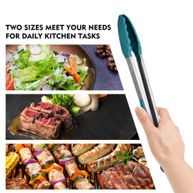 Turquoise HOTEC tongs brighten your kitchen toolkit while cooking.