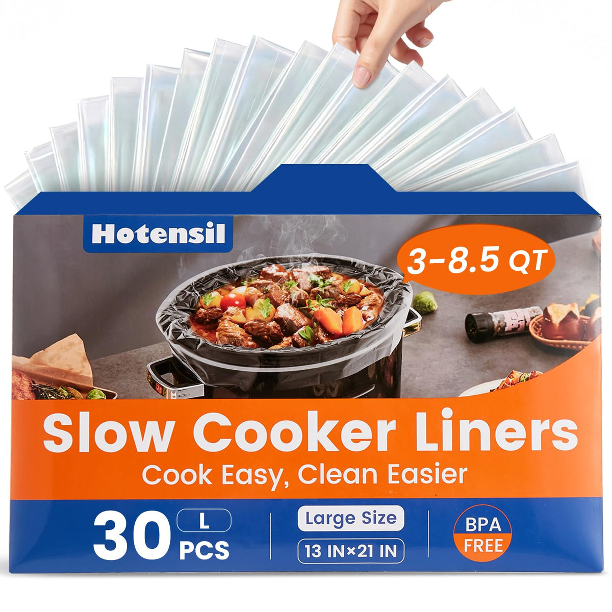 Hotensil slow cooker liner packaging demonstrates convenient, mess-free prep.