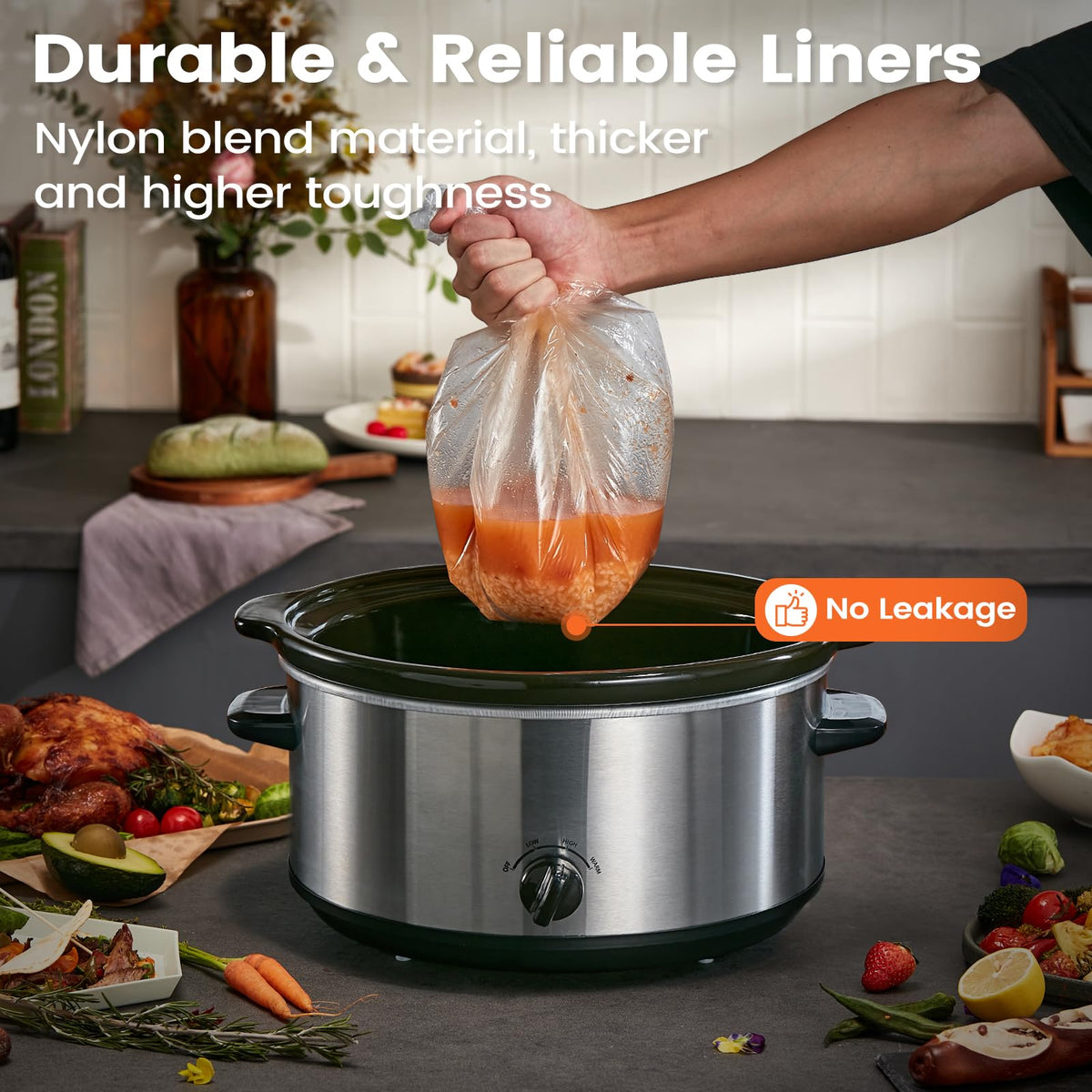Hotensil liner guards against leaks and punctures for mess-free cooking.