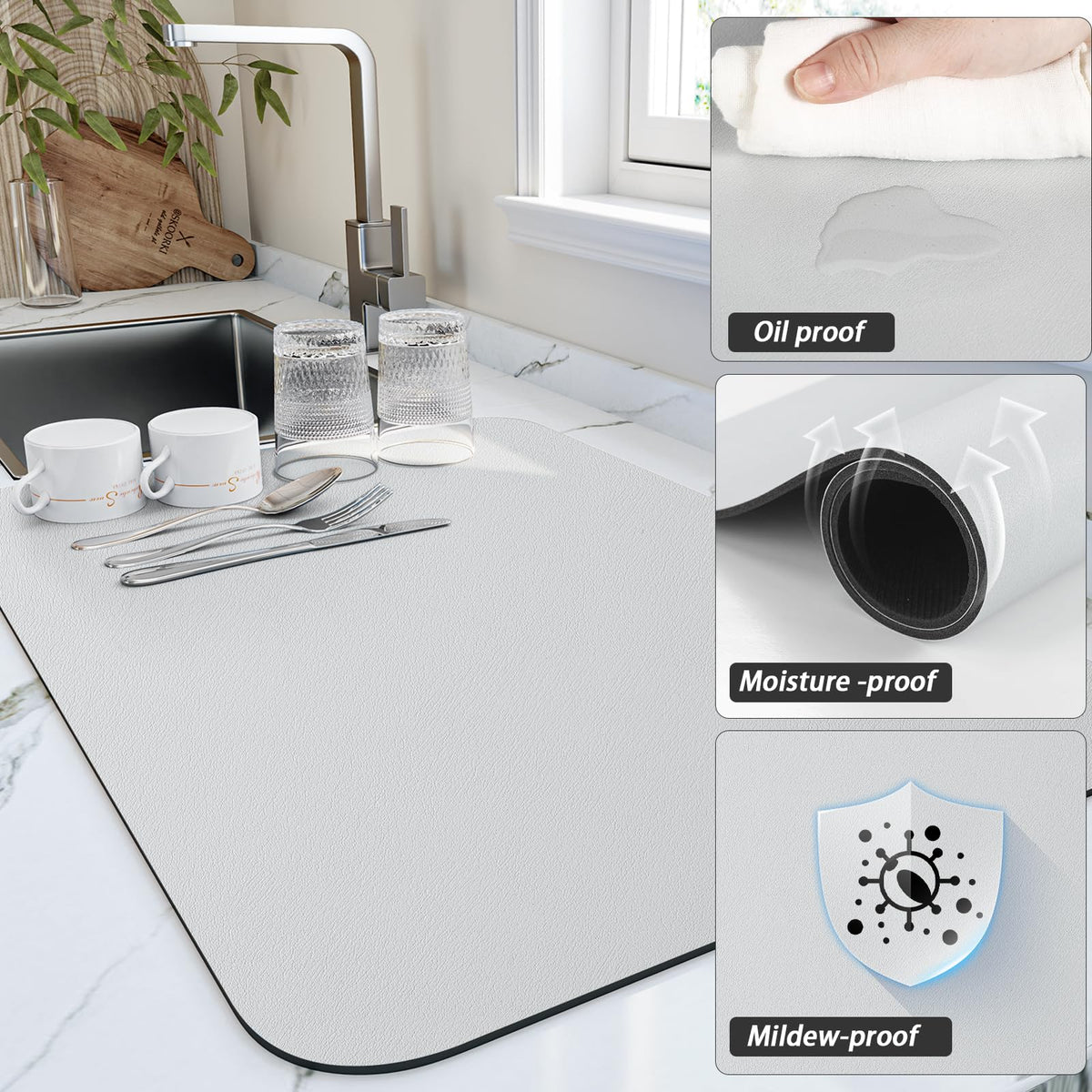 HotLive close-up highlights rapid water absorption and stain resistance.