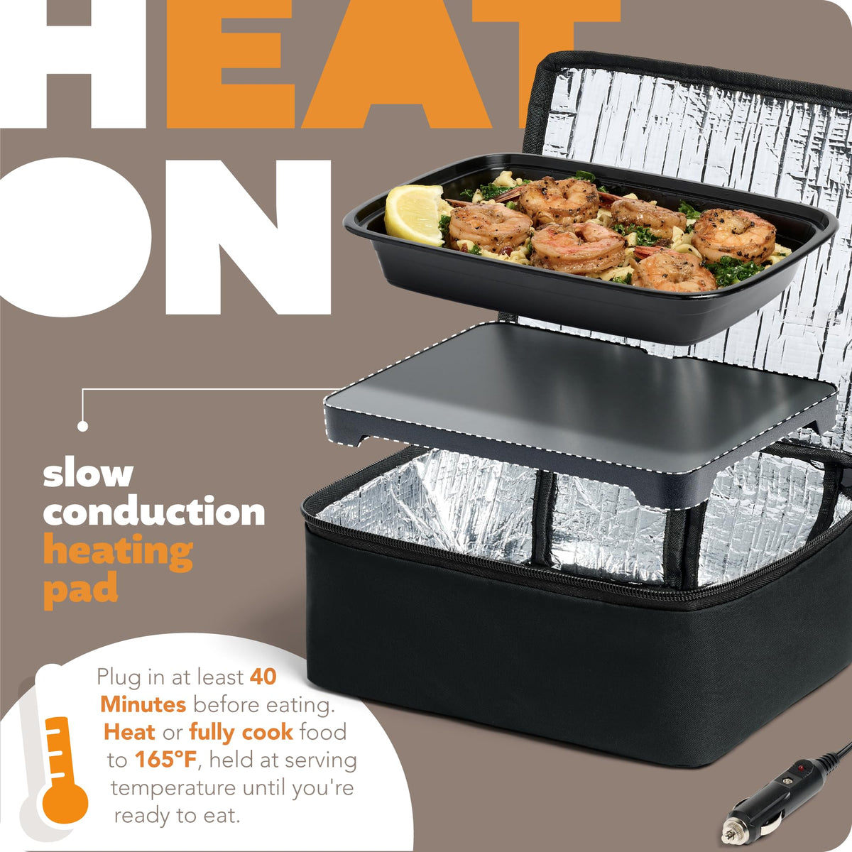 HOTLOGIC Mini in use inside a car, warming a meal during a commute