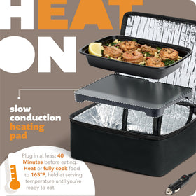 HOTLOGIC Mini in use inside a car, warming a meal during a commute
