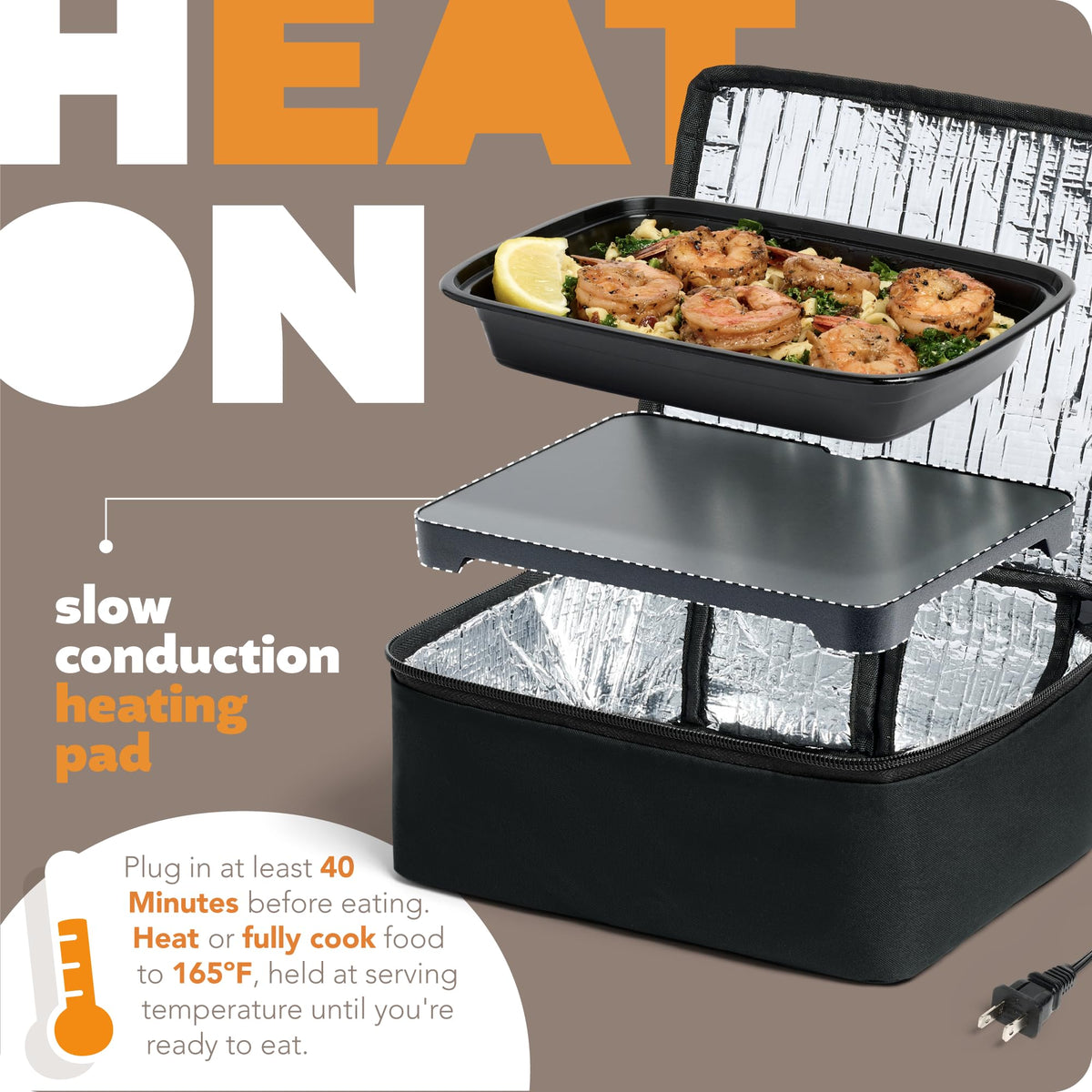HotLogic Mini lunch box plugged in, warming meals without constant supervision.