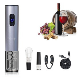 Hotool electric wine opener with foil cutter in action for quick cork removal.